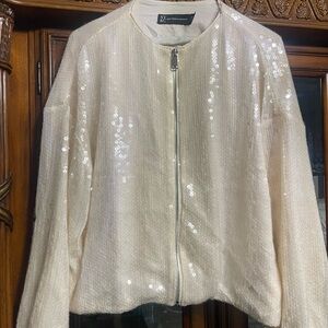 Sequin Embellished Cream Jacket and Skirt Set